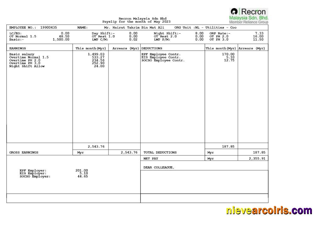 Recron Malaysia payslip
